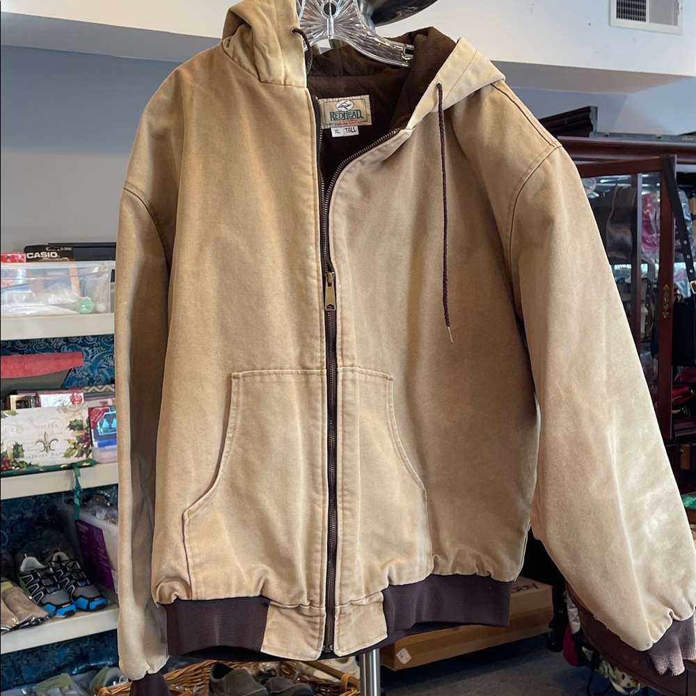 RedHead VTG Tan Canvas Hooded Bomber Jacket Men’s XL Tall Lined Made USA
